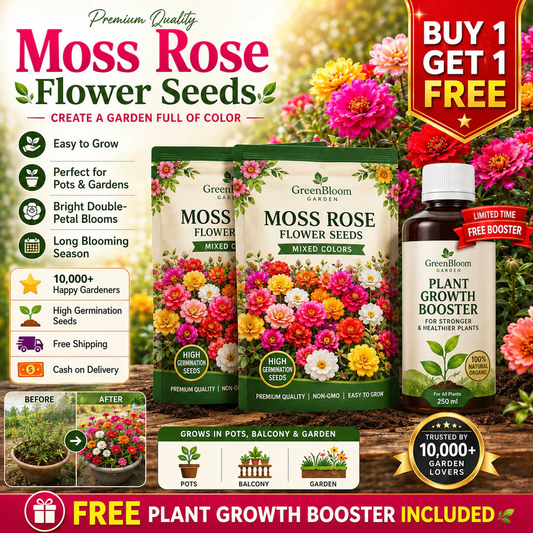 💫🌸BUY 1 GET 1 FREE | Moss Rose🌿Perennial Flower Seeds With Organic Potmix